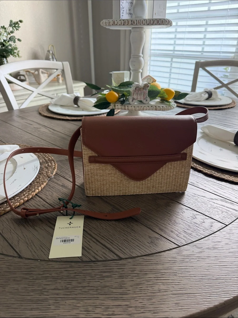 Tuckernuck Tan Woven Crossbody with Brown Leather Flap
